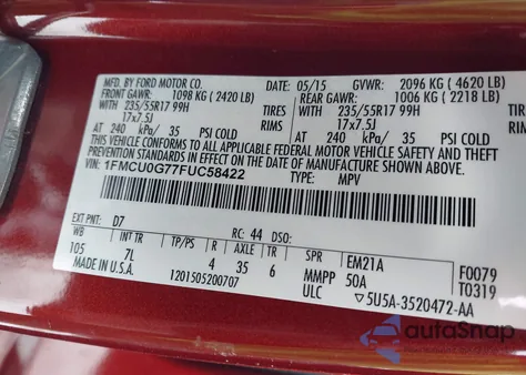 2015 Ford Escape Se из США, поврежденный, VIN 1FMCU0G77FUC58422